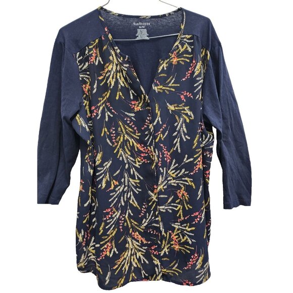 Van Heusen Womens BOHO Top Size XL Navy Floral 3/4 Sleeve Office Carrier - Picture 1 of 6